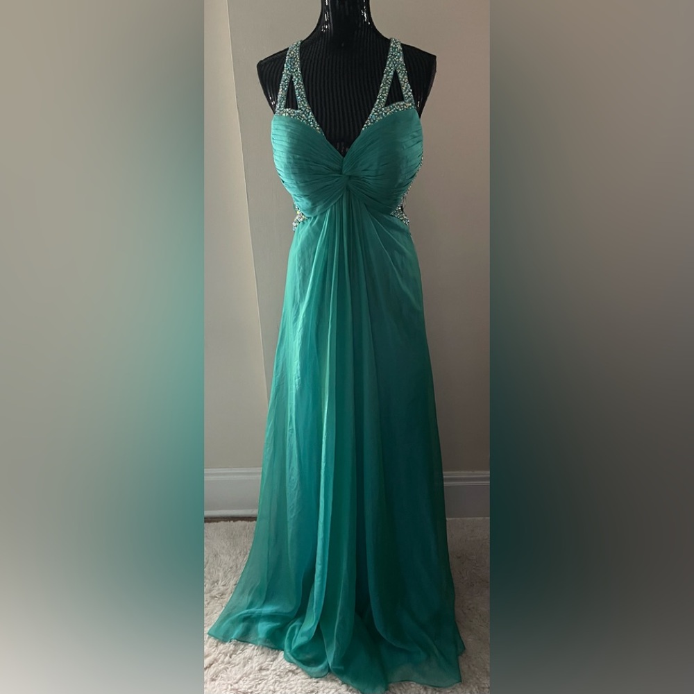 La Femme Chiffon Turquoise Jewelled Cut Out Dress Size 12